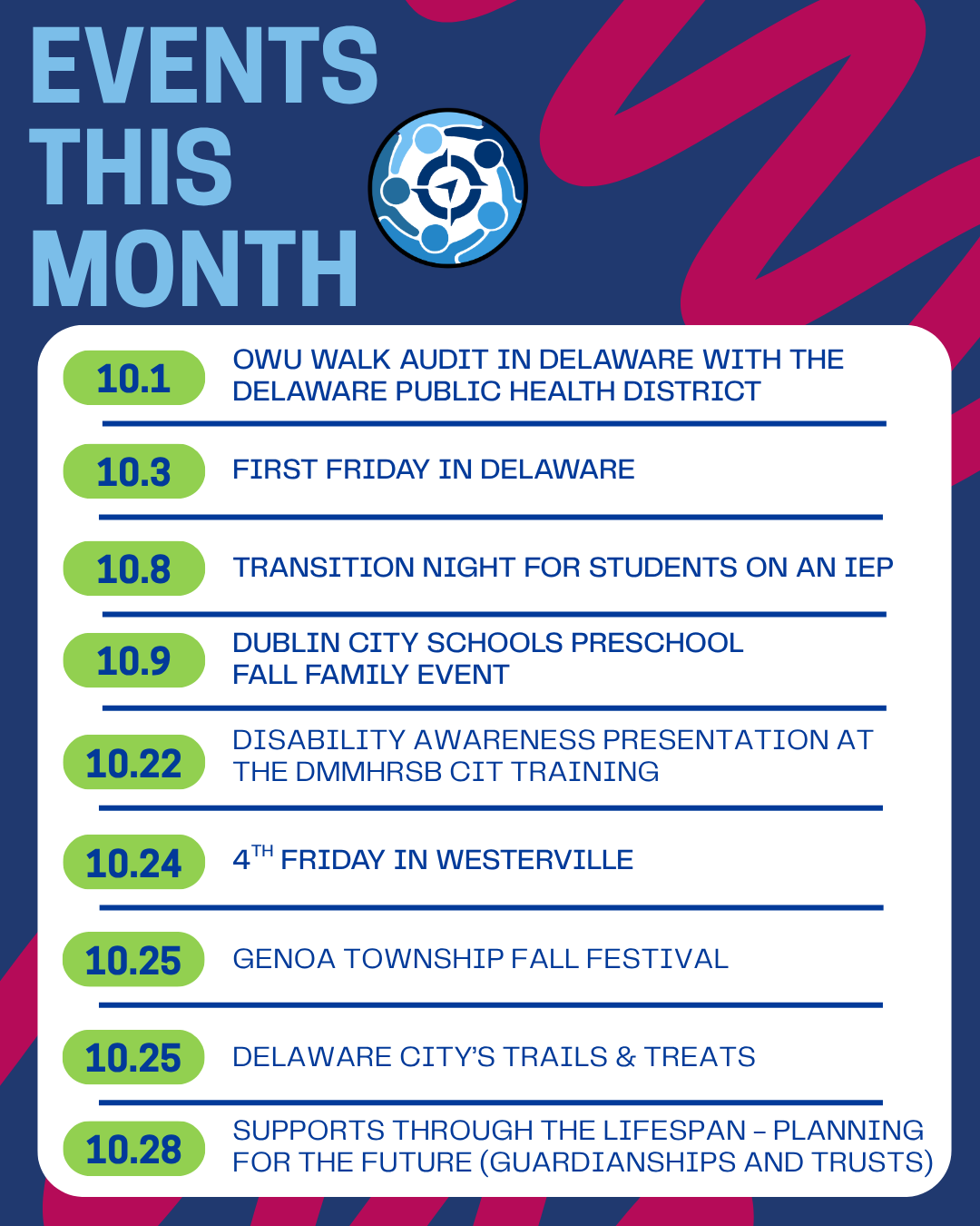 Flyer listing October events against a blue background with a circular logo.