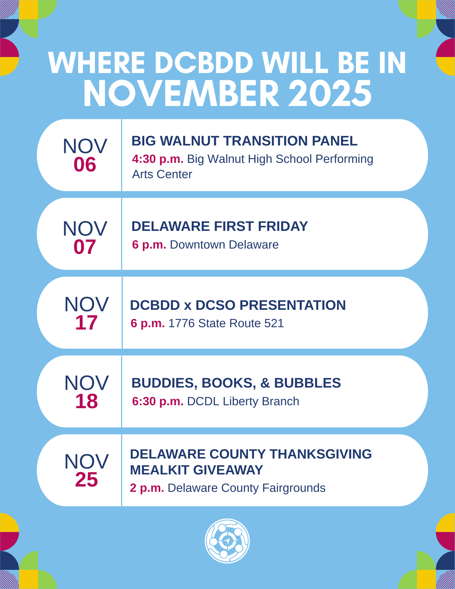 A colorful event schedule for DCBDD in November 2025 against a light blue background.