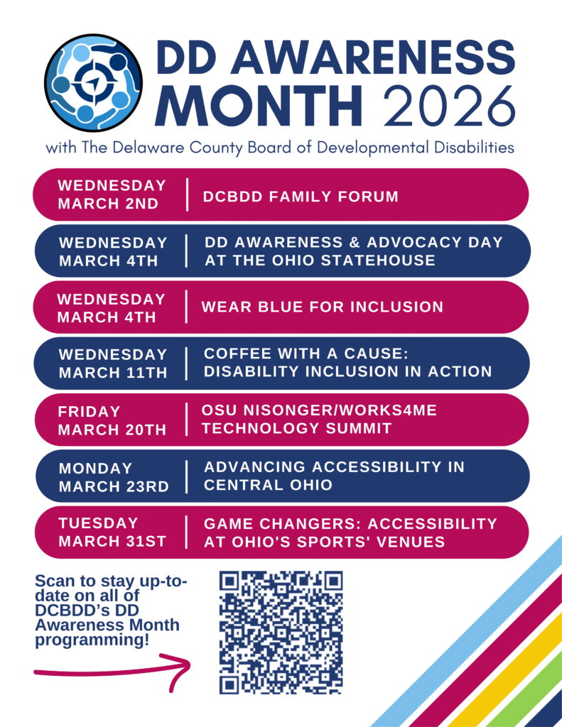 Poster for DD Awareness Month 2026 with event dates and details, featuring a QR code and colorful stripes.