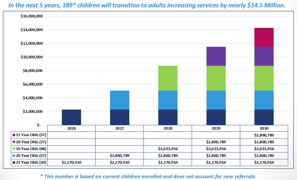 Stacked bar chart of projected costs from 2026 to 2030 due to children transitioning to adults.
