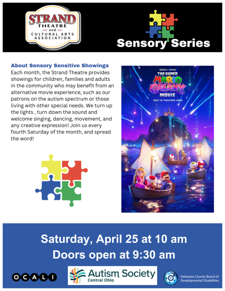 Promotional poster for a sensory-sensitive showing of "The Super Mario Galaxy Movie" happening on April 25 at 10 am.