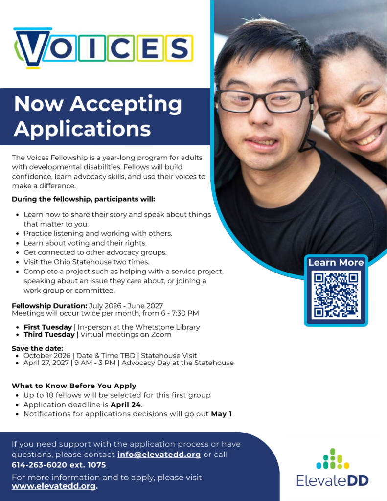 Advertising flyer for the Voices Fellowship with program details and a photo of two people smiling.