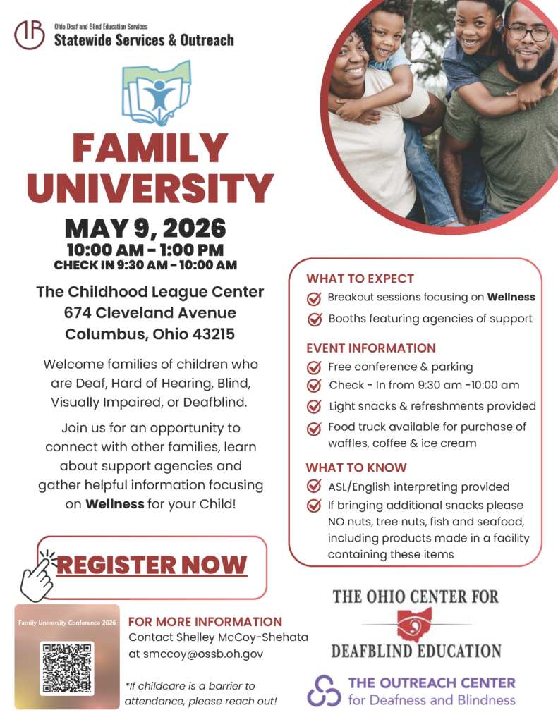 Flyer for Family University event on May 9, 2026, at The Childhood League Center. Includes event details, family image, and logos.