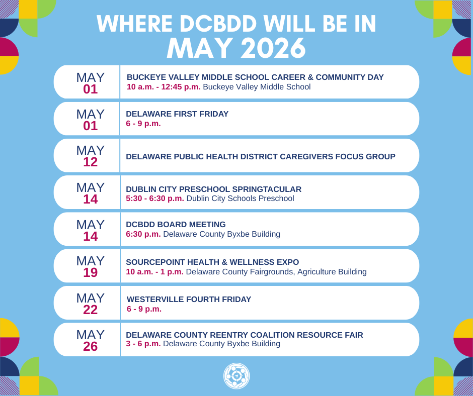 Calendar of DCBDD events for May 2026 against a blue background.