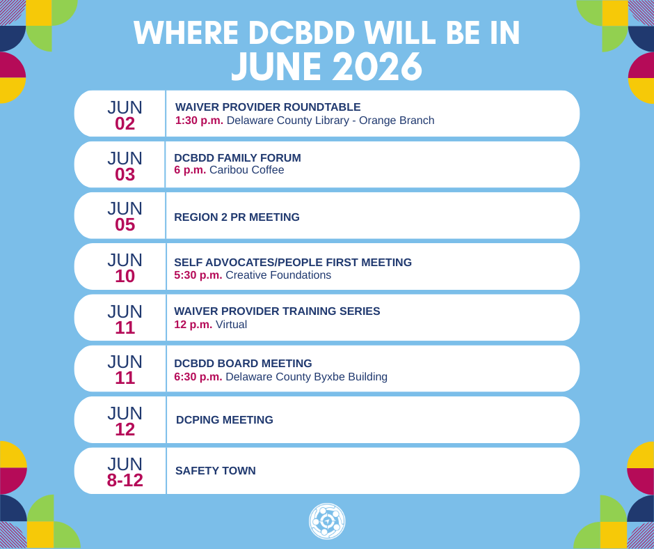 A schedule of DCBDD events for June 2026 with dates and locations.