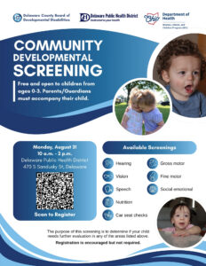 A promotional flyer for a community developmental screening for children aged 0-3, featuring event details, available screenings, and images of children.