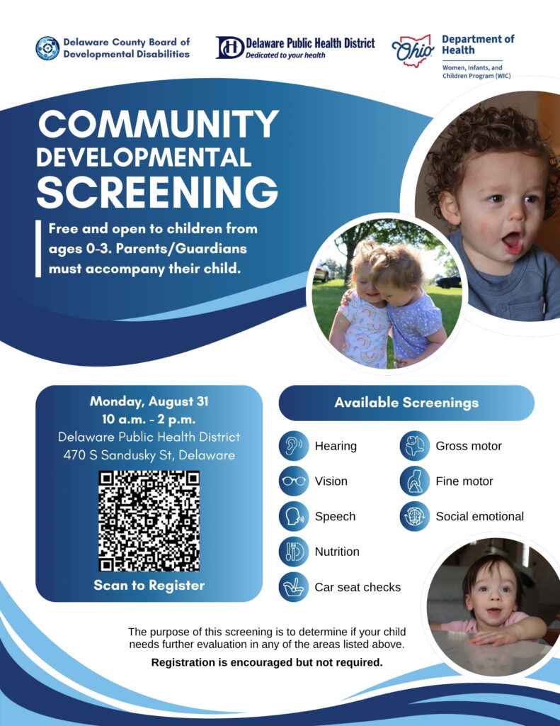 A promotional flyer for a community developmental screening for children aged 0-3, featuring event details, available screenings, and images of children.