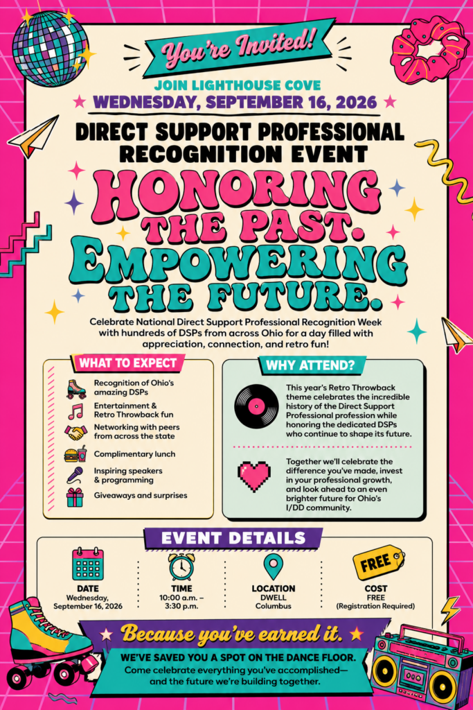 Colorful invitation for a Direct Support Professional Recognition Event featuring bold text and playful designs, outlining event details, expectations, and encouraging participation.