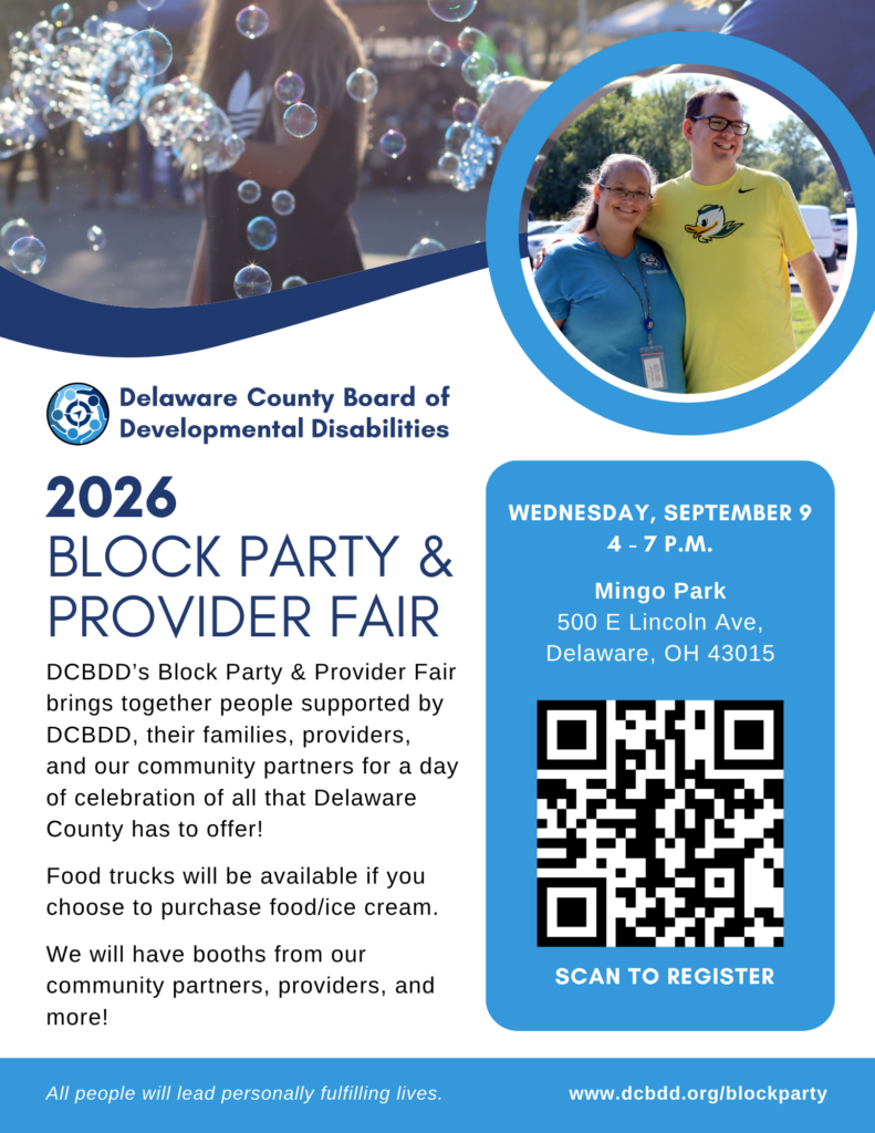 Promotional flyer for the 2026 Block Party and Provider Fair featuring two smiling individuals, event details, and a QR code for registration.