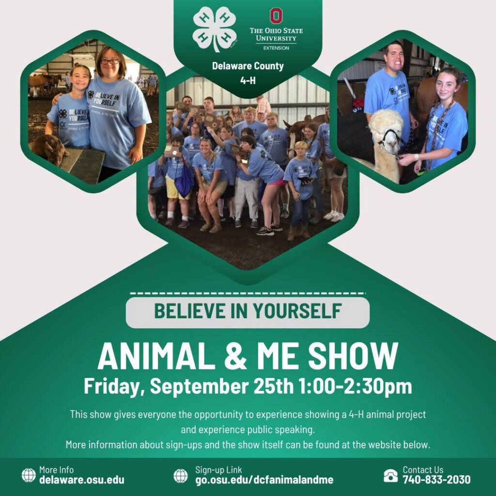 Event flyer for the Animal & Me Show featuring participants in blue shirts, event details, and the Delaware County 4-H logo.