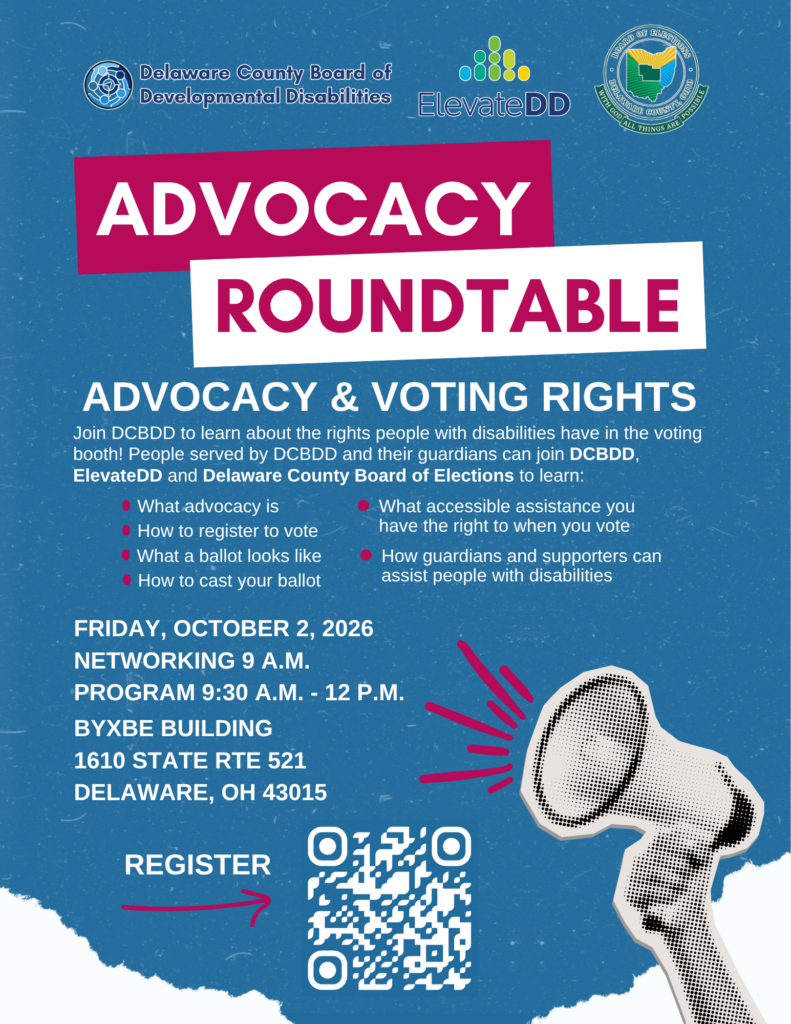 Flyer for an advocacy roundtable event on voting rights for people with disabilities, featuring event details, topics, and a QR code for registration.