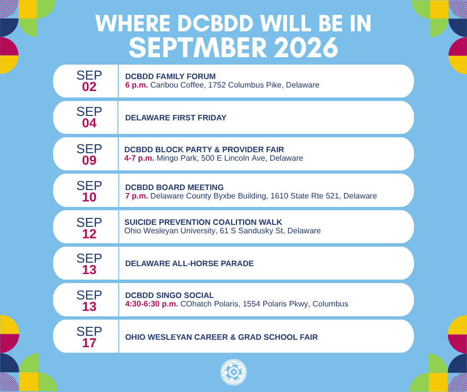 Promotional schedule for DCBDD events in September 2026, featuring colorful geometric shapes, listing events with dates, times, and locations.