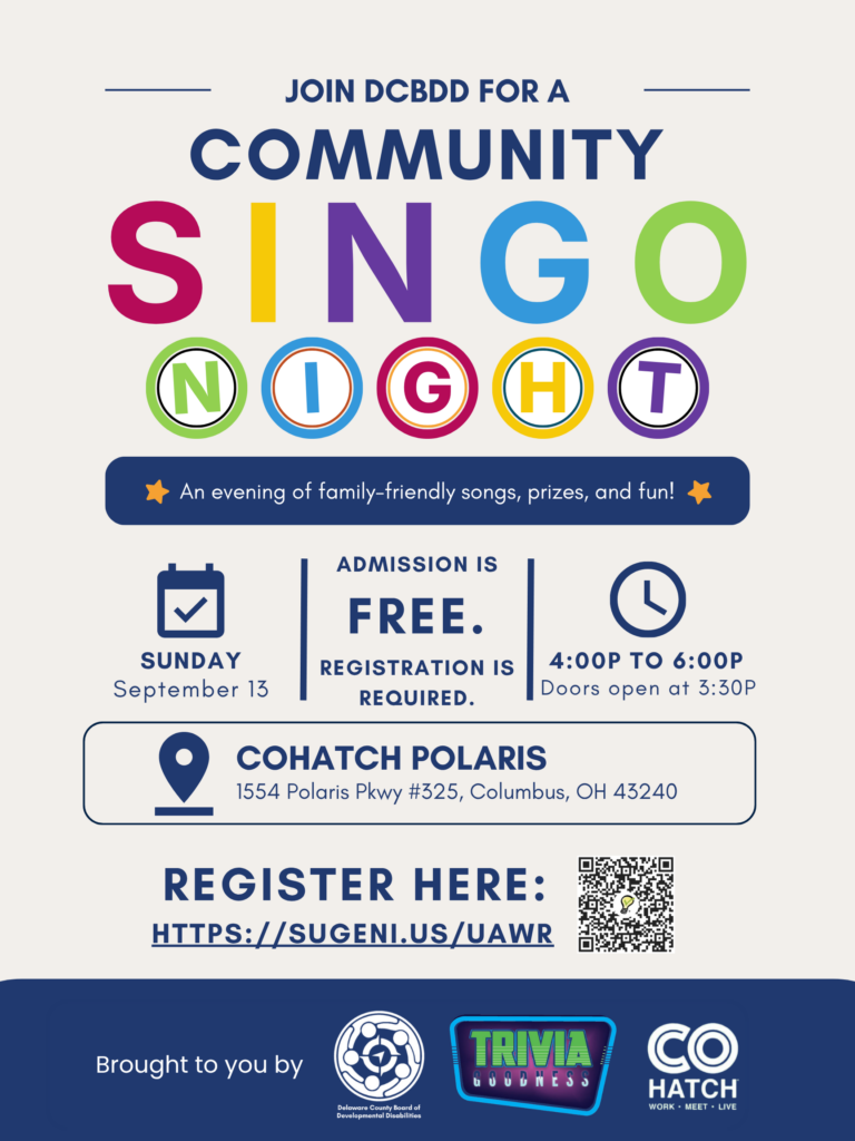Event flyer for Community Singo Night hosted by DCBDD on Sunday, September 13, from 4:00 PM to 6:00 PM at COHATCH Polaris. Admission is free, but registration is required.