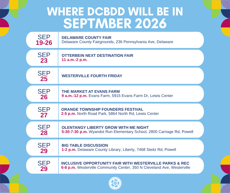 Event schedule for September 2026 by DCBBDD, featuring various community events with dates, times, and locations on a light blue background.