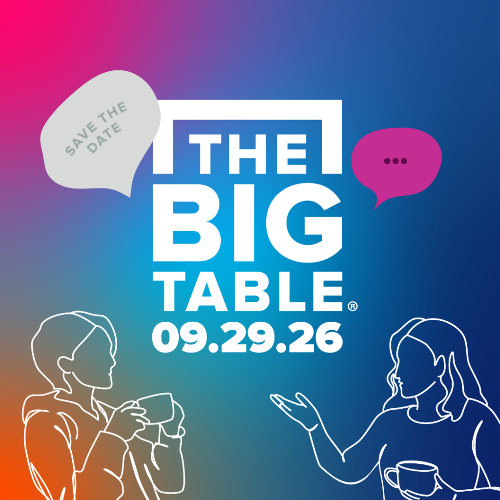 Promotional graphic announcing “The Big Table” on 09.29.26, with speech bubbles and line-art illustrations of two people conversing over cups.