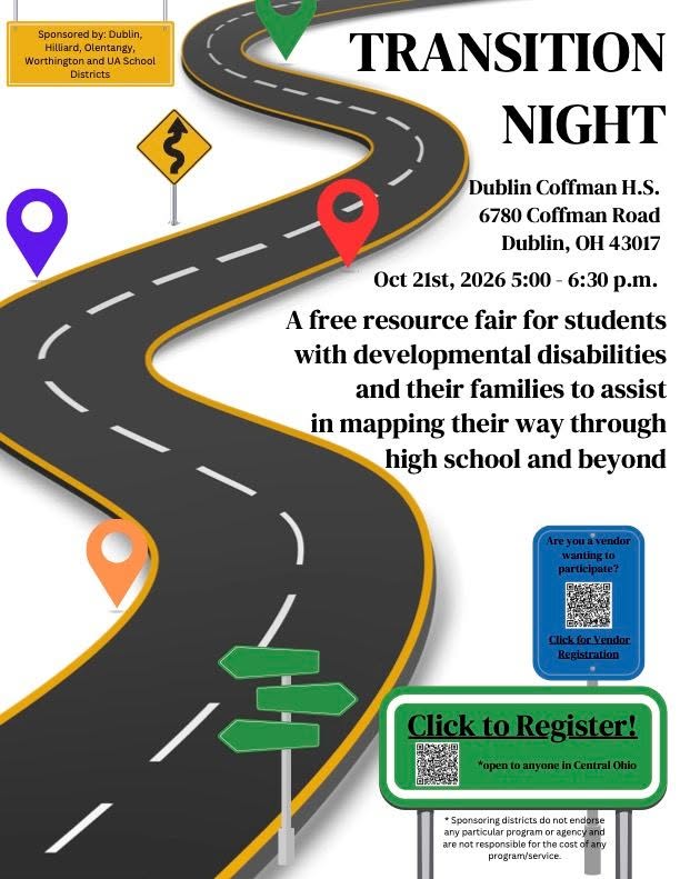 Promotional flyer for Transition Night, a resource fair for students with developmental disabilities, featuring a stylized winding road, event details, and registration information.
