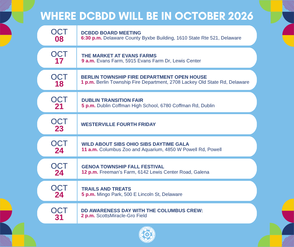 Event calendar listing DCBDD appearances and activities throughout October 2026, including dates, times, event names, and locations.