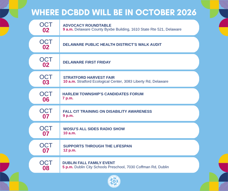 Event calendar listing DCBDD events in October 2026, including dates, event names, times, and locations.