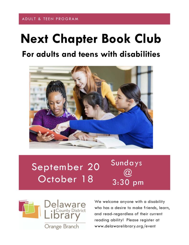 Flyer for the Next Chapter Book Club, an adult and teen library program for people with disabilities, featuring a group reading together and meeting dates of September 20 and October 18 at 3:30 p.m. on Sundays.