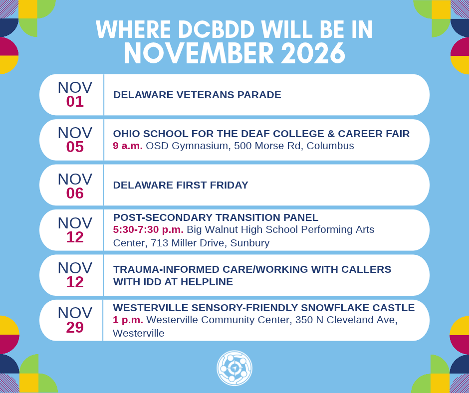 Calendar graphic listing DCBDD events and locations for November 2026.