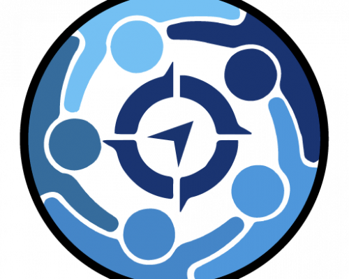 A circular blue logo featuring interconnected abstract human‑shaped figures surrounding a compass‑like symbol.
